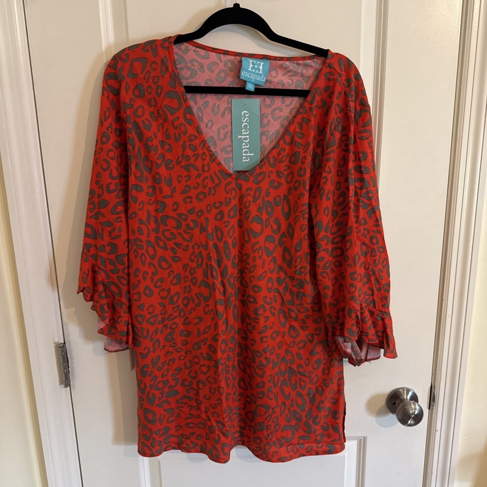 Escapada 3/4 Slv Sandra Tunic Top Orange Taupe Cheetah Women's  V-Neck  NWT
